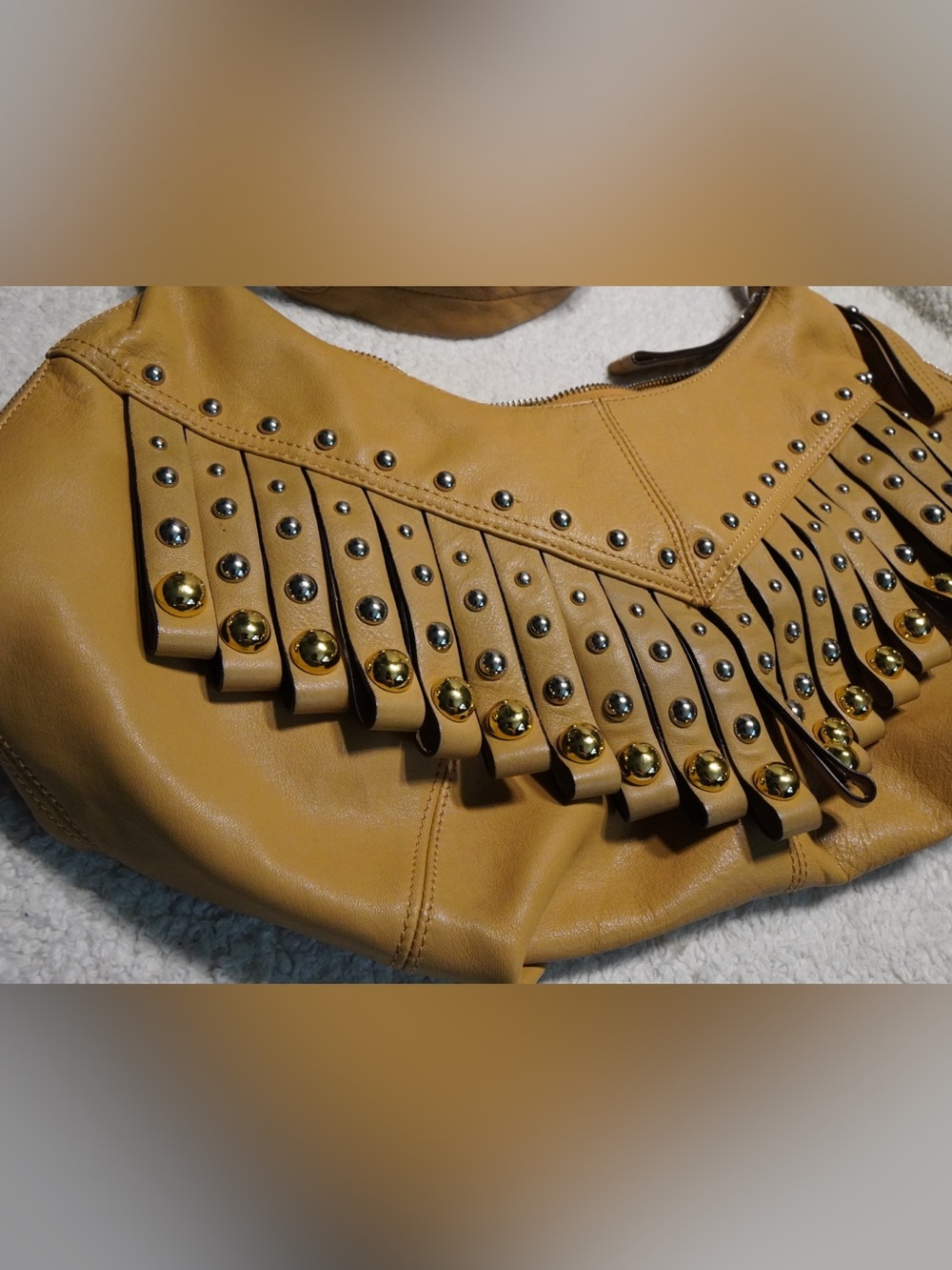 B. Makowsky Mustard Yellow Tan Studded Fringe Genuine Leather Hobo Bag Boho